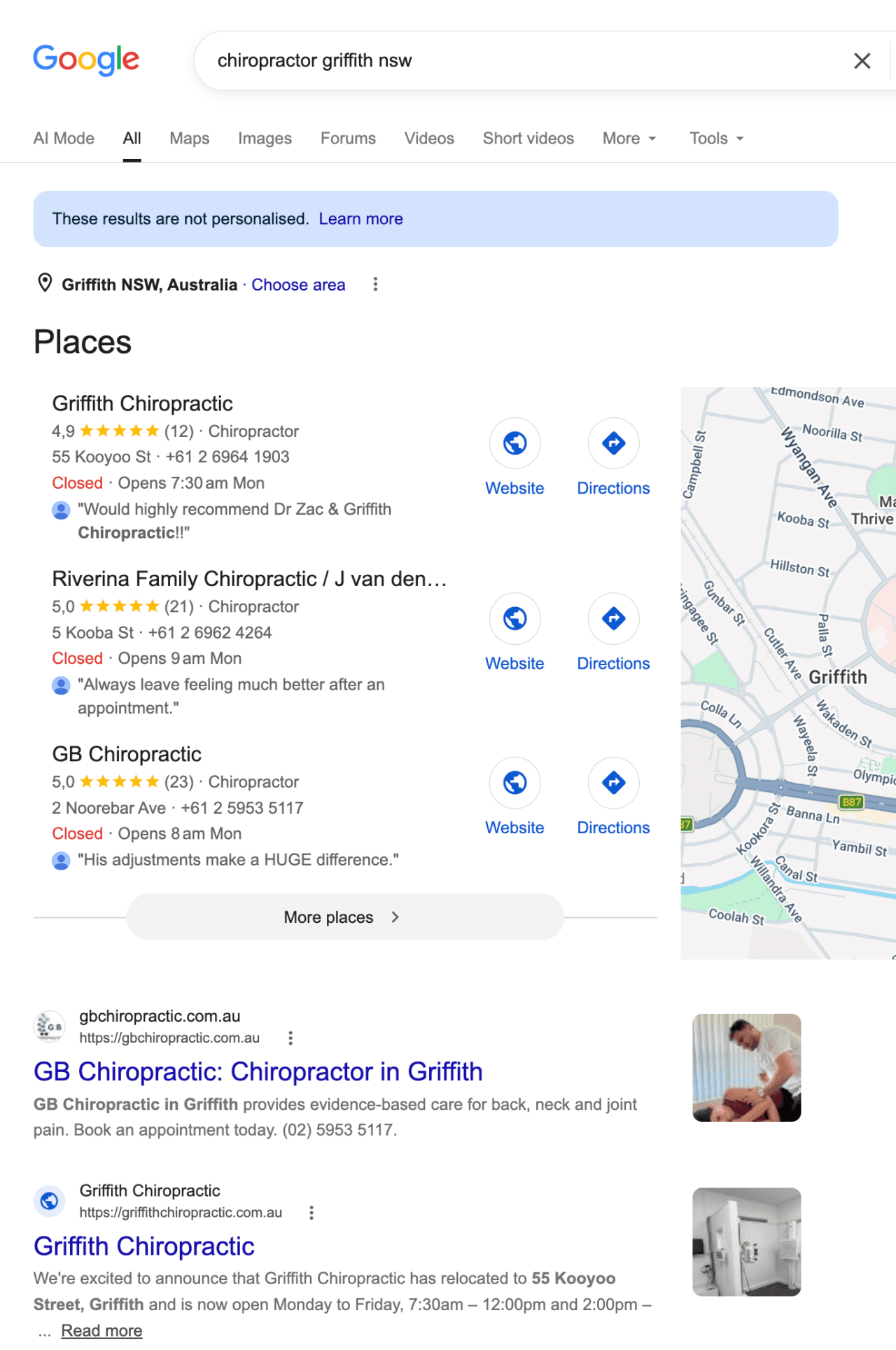 Google results for chiropractor griffith nsw, with a notice that results are not personalised and Griffith NSW as the search area. GB Chiropractic appears in the three-business Places section and as the first visible organic website result.