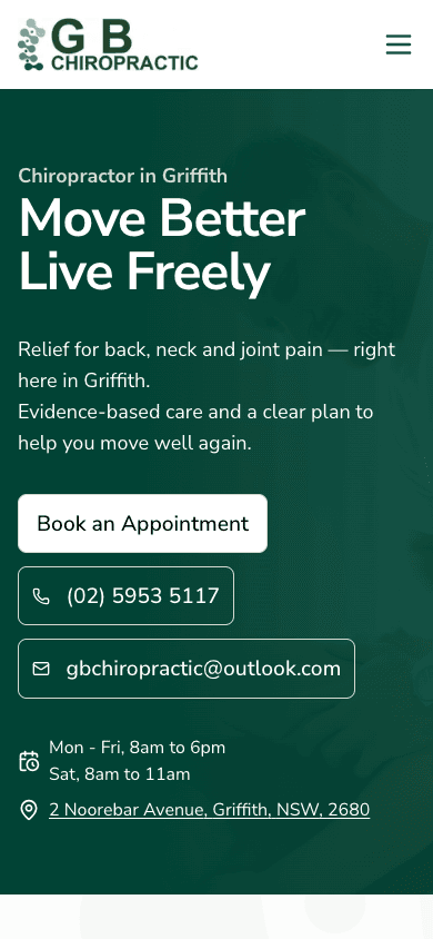 The mobile homepage showing Book an Appointment, telephone and email buttons, followed by opening hours and the Griffith address.