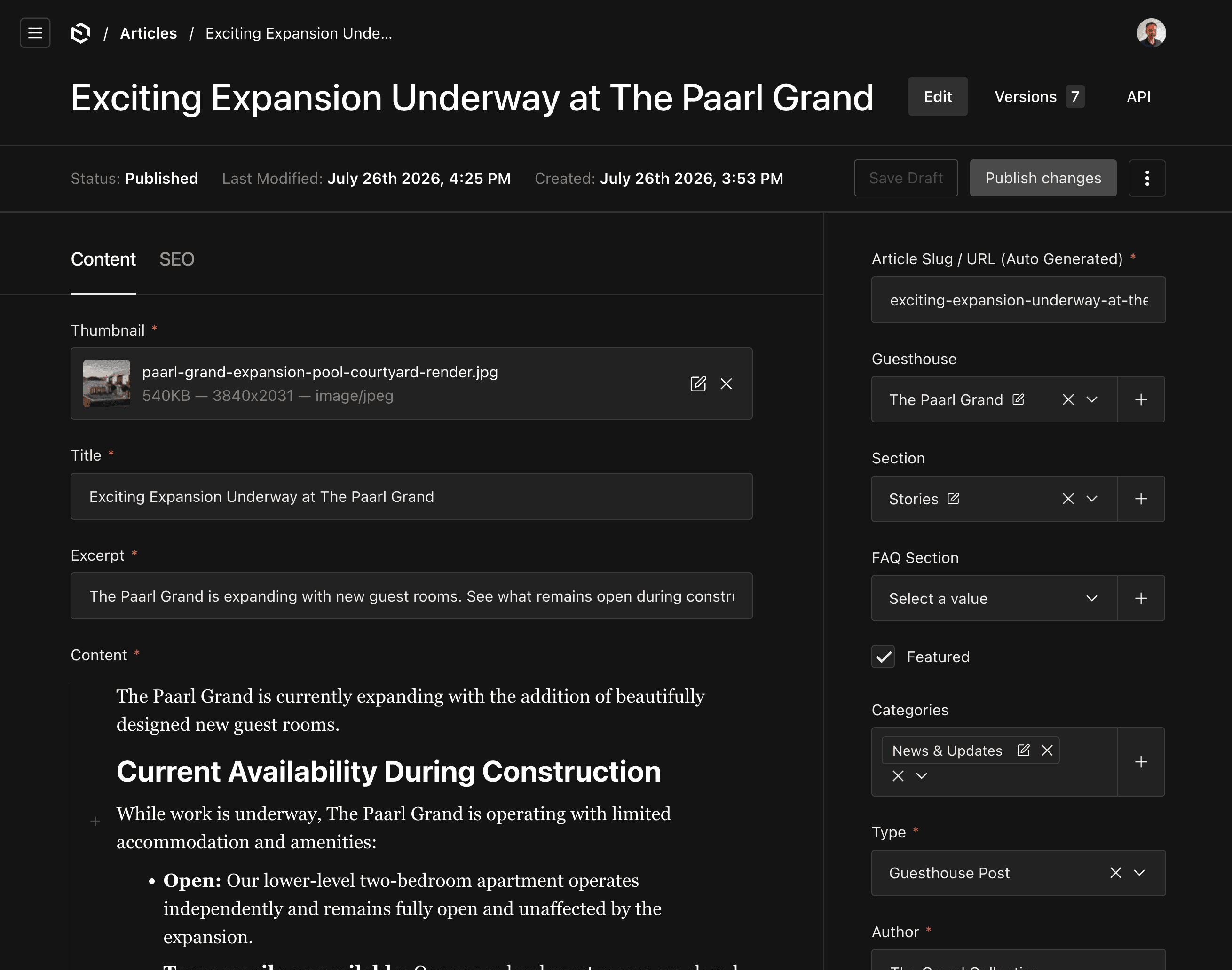 Payload CMS article editor showing a published expansion update linked to The Paarl Grand and the Stories section.