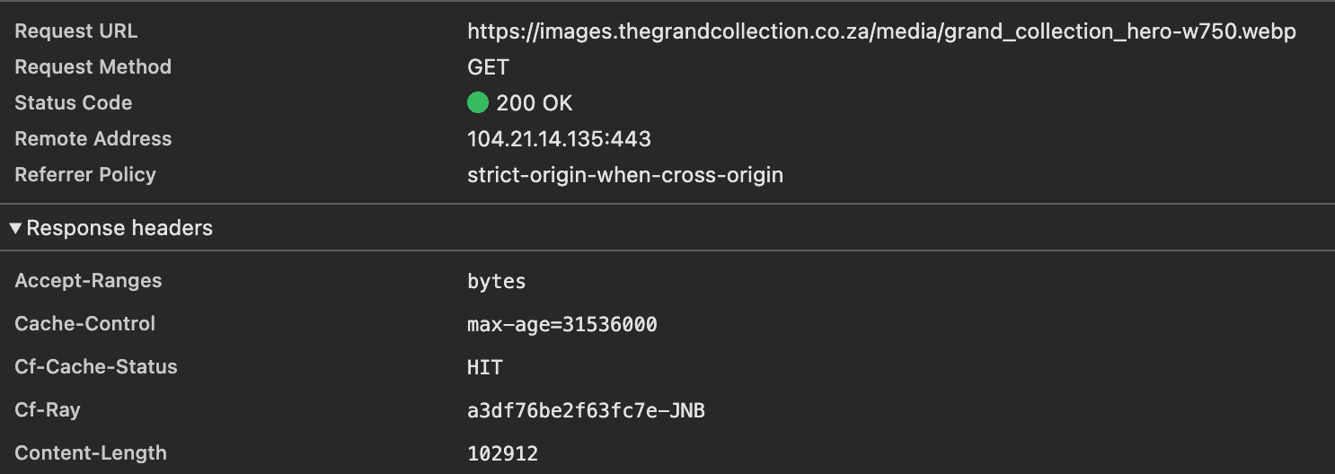 DevTools response headers for the homepage hero image showing status 200, Cf-Cache-Status HIT, Content-Length 102912 and Cache-Control max-age=31536000.