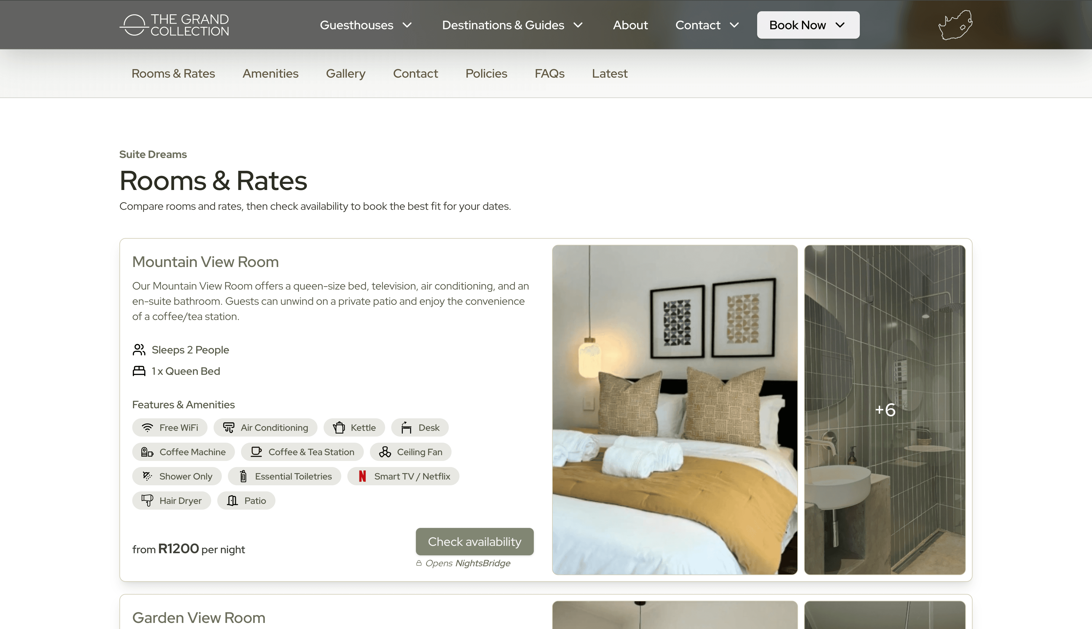 The Paarl Grand room listing showing the Mountain View Room, amenities, photographs and a Check availability button.